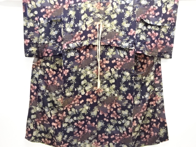 アンティーク　縮緬家屋に草花模様長襦袢